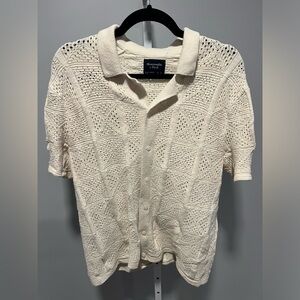 Abercrombie & Fitch Crochet Style Button Cream Cotton Sweater Polo Mens Size L